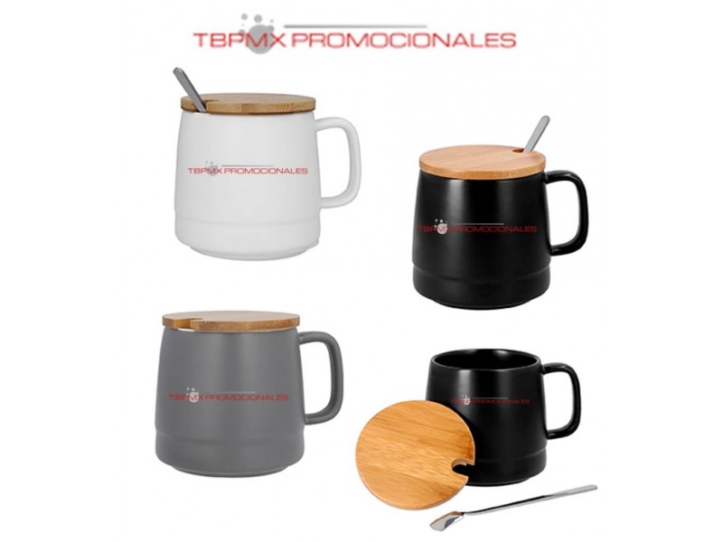 Taza ceramica 450 ml mate tapa de bambu con cuchara caliz promocional