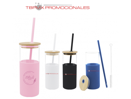 Cilindro de vidrio 500 ml tapa bambu funda silicon popote glory promocional