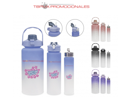 Juego 3 cilindros deportivos plastico 2 litros 750 ml 300 ml degradado miki promocional