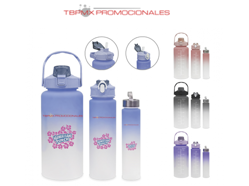 Juego 3 cilindros deportivos plastico 2 litros 750 ml 300 ml degradado miki promocional