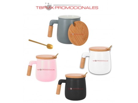 Taza ceramica 360 ml tapa de bambu cuchara brule promocional
