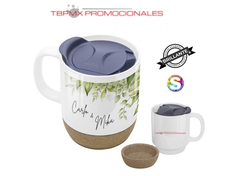 Taza ceramica 385 ml sublimable brillante base corcho tapa deslizable chic promocional