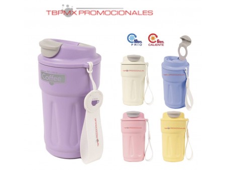 Termo acero inoxidable 420 ml doble pared tapa rosca seguro elevable jareta curpiel godere promocional