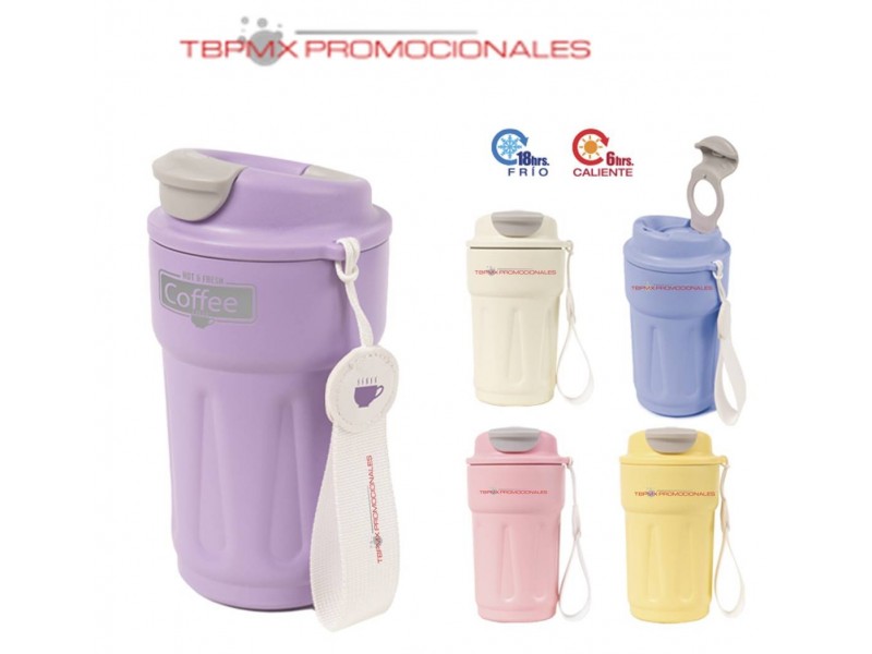 Vaso termico acero inoxidable 420 ml doble pared tapa rosca seguro elevable jareta curpiel godere promocional