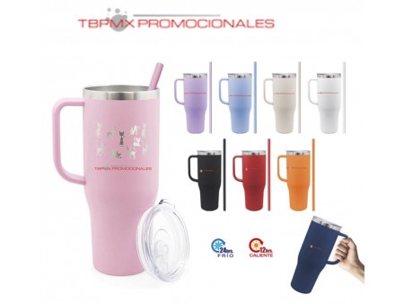 Tarro termico acero inoxidable 1200 ml doble pared interior cobre tapa transparente seguro deslizable popote barney promocional