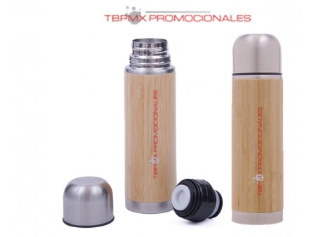 Termo acero inoxidable 445 ml doble pared bambu tapa rosca vaso tatami promocional
