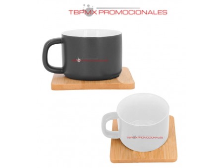 Taza ceramica 200 ml base bambu cuadrada kopi promocional