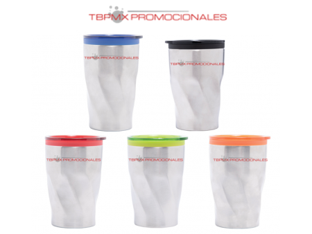 Vaso termico acero inoxidable 350 ml interior plastico diseño poligonal tapa color blizan promocional