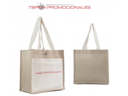 Bolsa yute laminada cosida boton madera asa algodon campestre promocional
