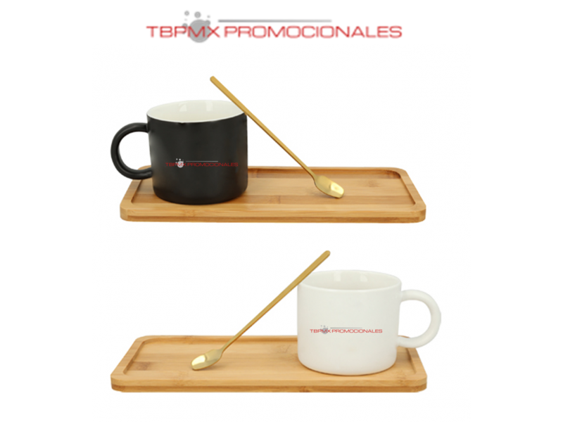 Taza ceramica 200 ml cuchara acero base madera larga tila promocional