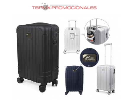 Maleta de viaje ruedas dobles candado TSA puerto usb porta vasos placa metalica australia promocional