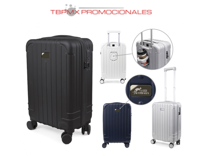 Maleta de viaje ruedas dobles candado TSA puerto usb porta vasos placa metalica australia promocional