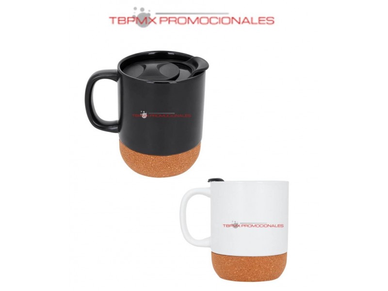Taza ceramica 420 ml base corcho tapa menta promocional