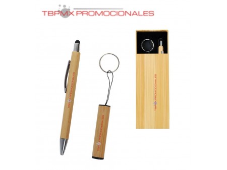 Set de bambu boligrafo lampara llavero mao promocional