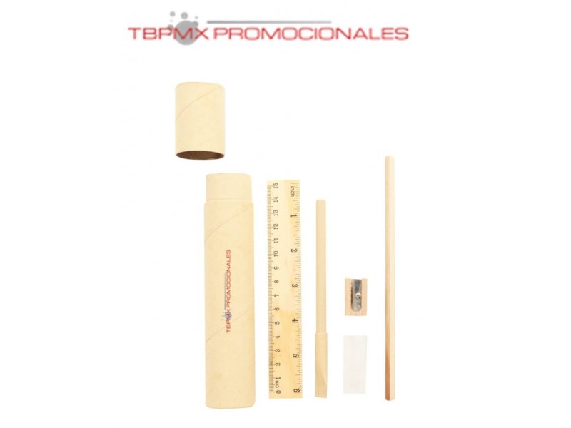 Juego escolar ecologico carton lapiz boligrafo sacapuntas goma regla tone promocional