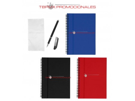 Libreta poliuretano reutilizable 50 hojas rayadas espiral metalico boligrafo paño de limpieza snape promocional