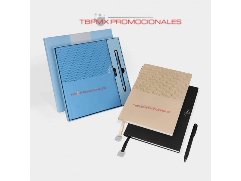 Agenda semanal 2026 clasica curpiel 100 hojas placa metalica boligrafo promocional