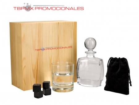 Set de bar licorera vaso enfriadores estuche de madera islay promocional