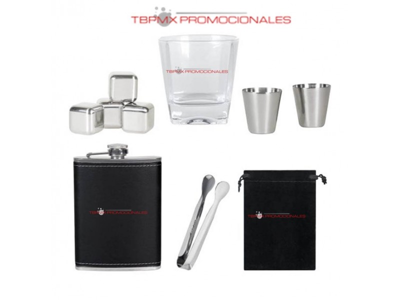 Set de bar con licorera curpiel set cubos enfriadores pinzas mini vasos aberdeen promocional