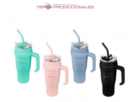Termo acero inoxidable 1200 ml doble pared tapa push con popote metalico jesik promocional