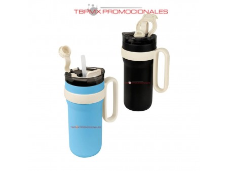 Termo acero inoxidable 900 ml doble pared rugoso con tapa push con popote rantai promocional