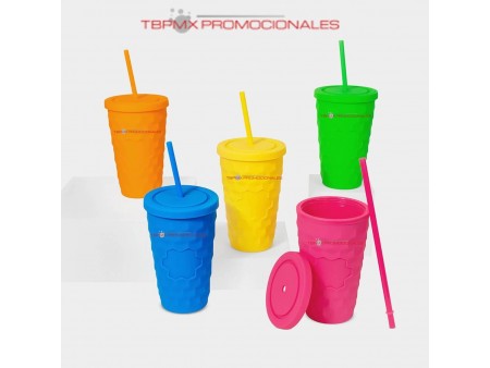 Vaso plastico 450 ml doble pared acabado rubber  con popote gleb promocional