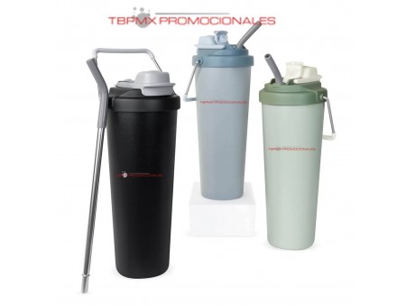 Termo acero inoxidable 750 ml doble pared boquilla asa metalica acabado silicon con popote kruna promocional