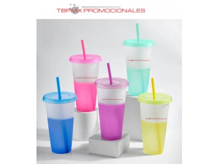 Vaso plastico 800 ml cambia color tapa y popote blur promocional