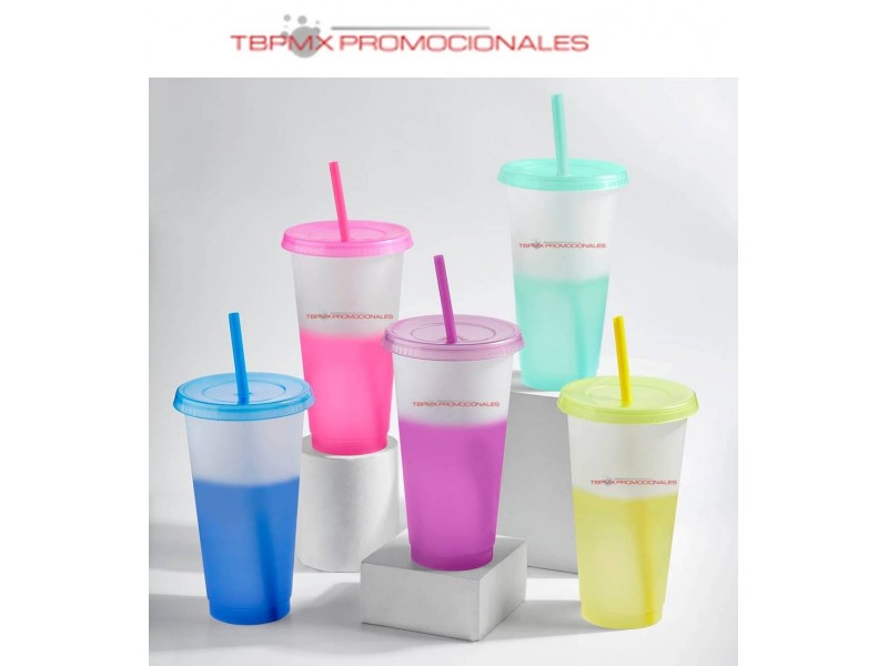 Vaso plastico 800 ml cambia color tapa y popote blur promocional