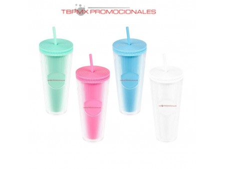 Vaso plastico 710 ml doble pared acabado texturizado tapa y popote viiva promocional