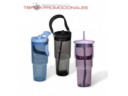 Termo plastico 850 ml con popote metalico asa plegable graben promocional