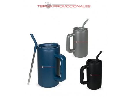 Taza tarro termico acero inoxidable 800 ml doble pared tapa plastico popote turni promocional