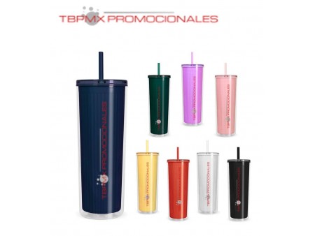 Vaso termico plastico 660 ml doble pared tapa plastico popote neli promocional