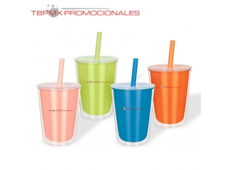 Vaso plastico 700 ml doble pared tapa popote elissa promocional