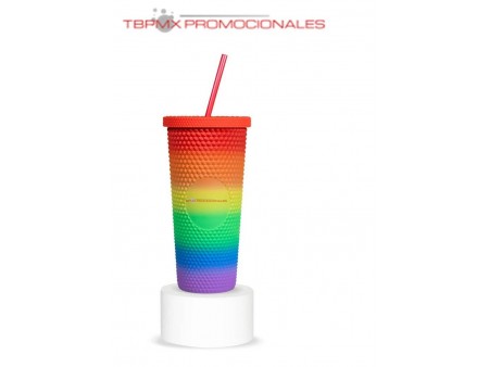 Vaso plastico 665 ml doble pared acabado rubber textura picos con popote pride promocional