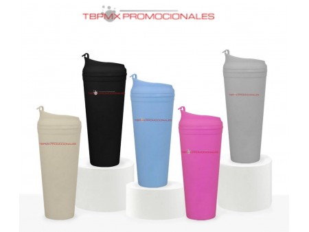 Termo Vaso termico plastico 665 ml doble pared acabado rubber tapa popote buzlu promocional