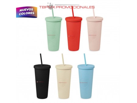 Vaso termico plastico 665 ml doble pared textura diamante acabado rubber con popote elmas promocional