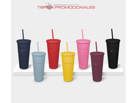 Vaso plastico 665 ml doble pared acabado rubber con popote blag promocional