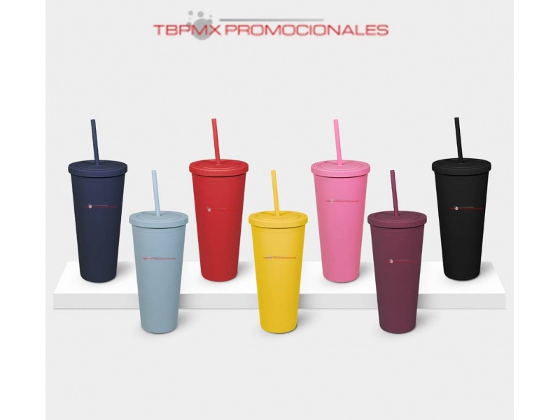 Vaso plastico 665 ml doble pared acabado rubber con popote blag promocional