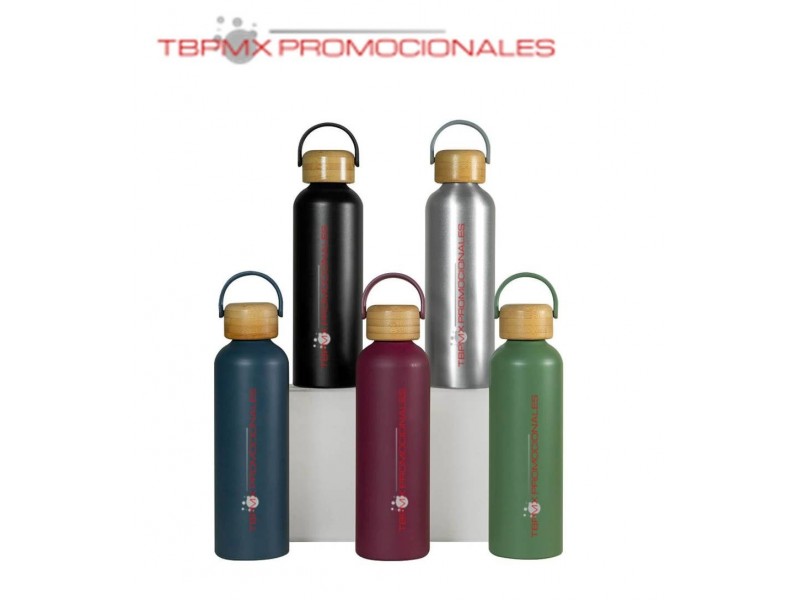 Cilindro metalico 700 ml acabado mate tapa bambu asa plastico legna promocional