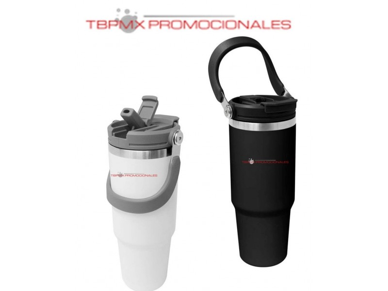 Termo acero inoxidable 850 ml doble pared asa plegable popote retractil kawit promocional