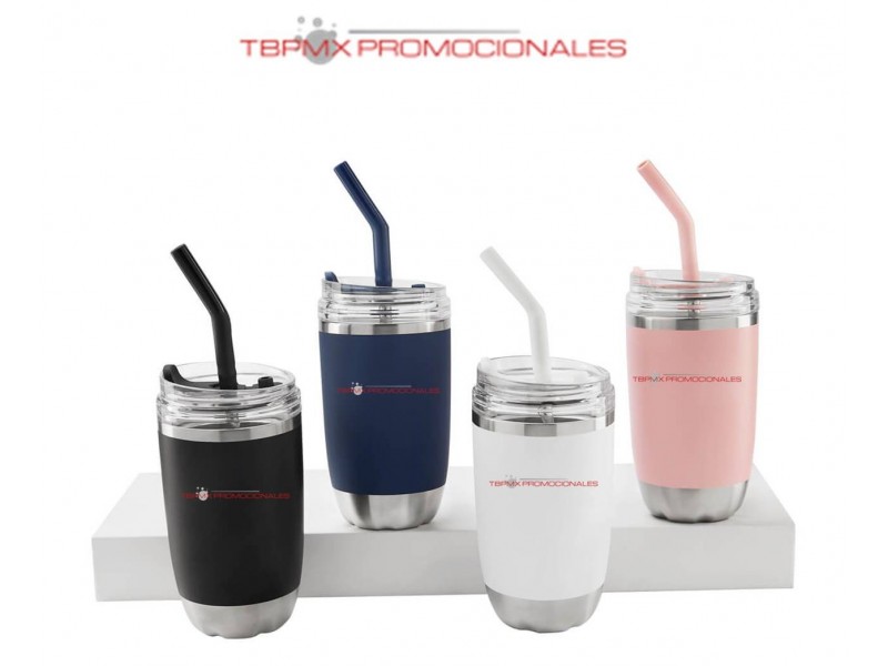 Termo Vaso termico acero inoxidable 470 ml doble pared con popote metalico boquilla silicon frenzy promocional