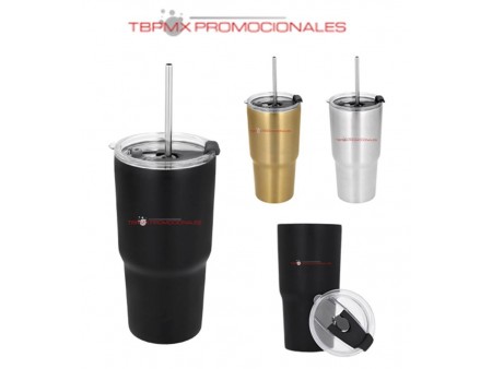 Vaso termico acero inoxidable 580 ml doble pared tapa popote metalico kao promocional