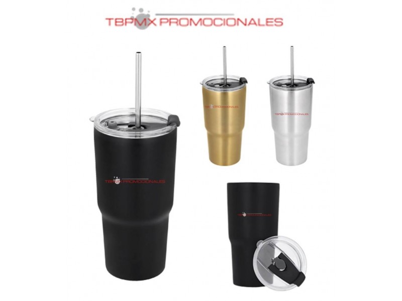 Vaso termico acero inoxidable 580 ml doble pared tapa popote metalico kao promocional