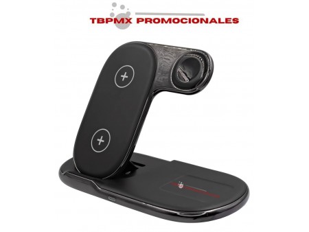 Base carga inalambrica portatil 3 en 1 acabado cromo negro promocional