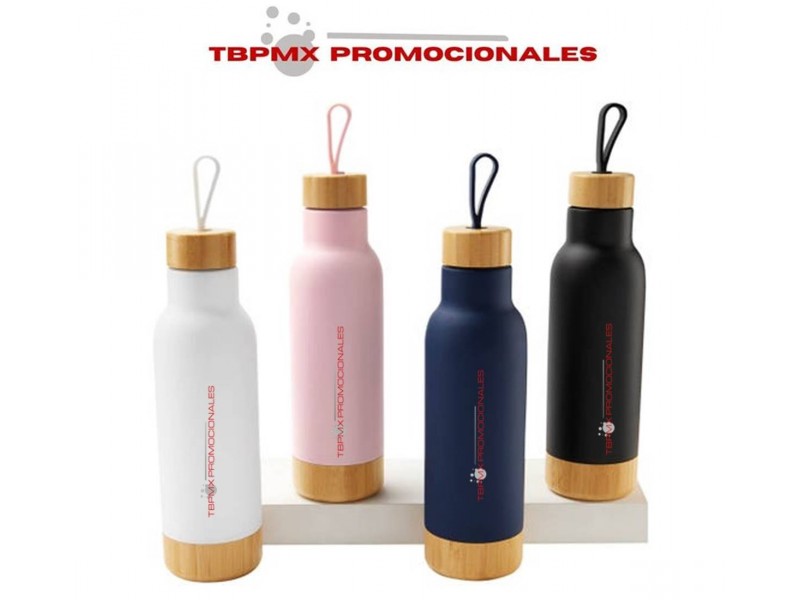 Termo acero inoxidable 630 ml doble pared tapa bambu asa cilicon base bambu bai promocional