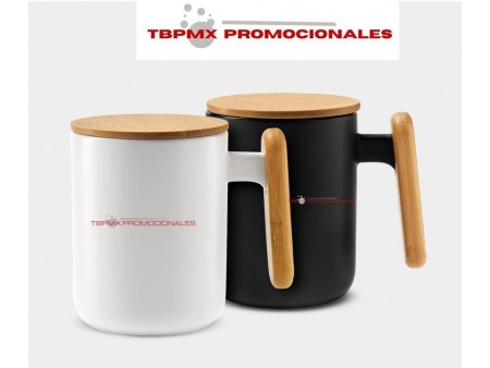Taza de ceramica 12 oz acabado mate tapa bambu hanoi promocional