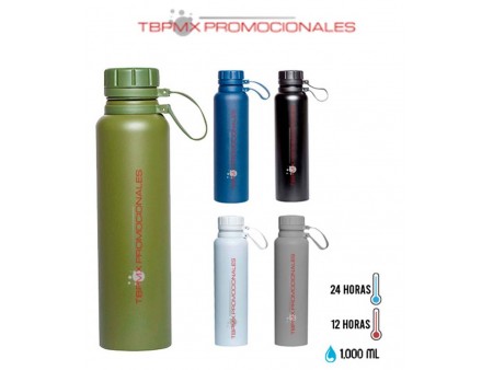 Termo acero inoxidable 1 litro doble pared rugoso correa silicón marvel promocional