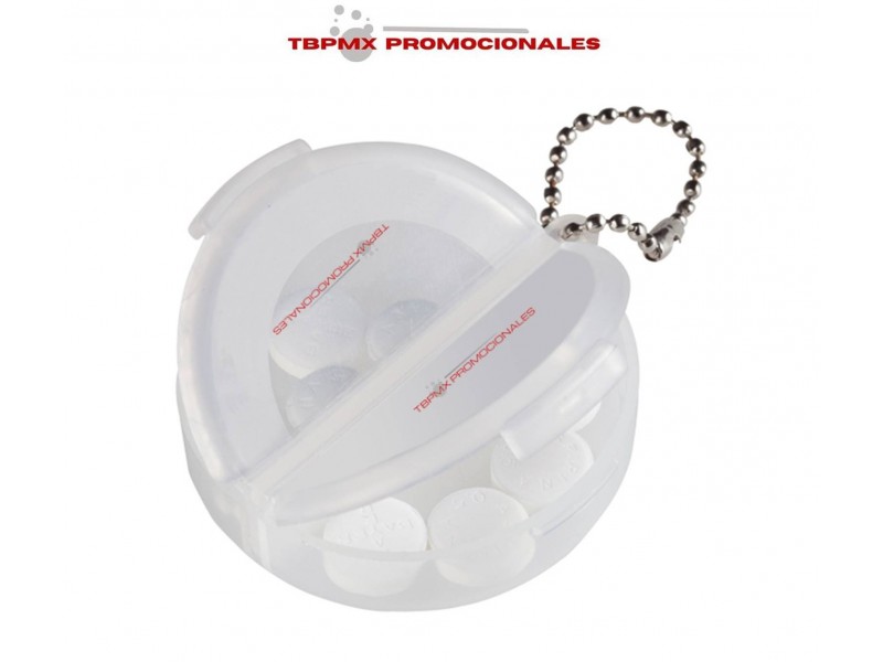 Pastillero plastico traslucido transparente doble division con cadena maine promocional