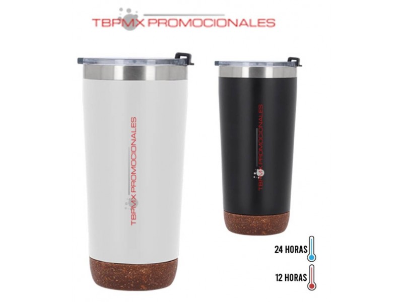 Vaso termico acero inoxidable 600 ml doble pared rugoso base corcho tapa fagus promocional